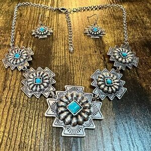 Western Concho Turquoise Necklace and Earrings Set